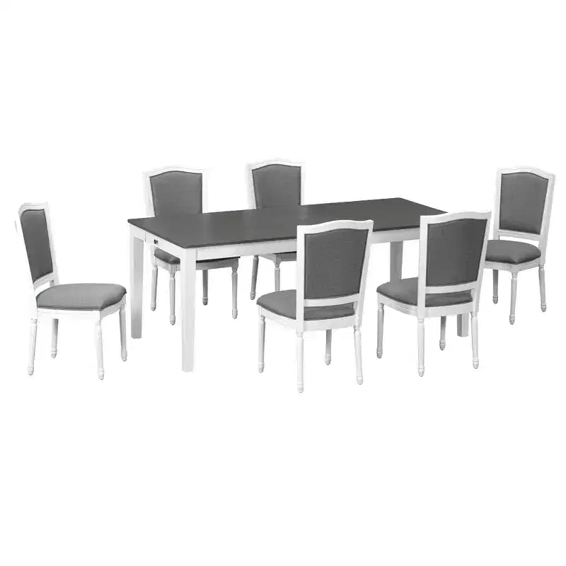 Ensemble de salle à manger rustique extensible pour 6 personnes, table à manger rectangulaire 7 pièces avec 6 chaises rembourrées, ensemble de table de cuisine avec 2 tiroirs