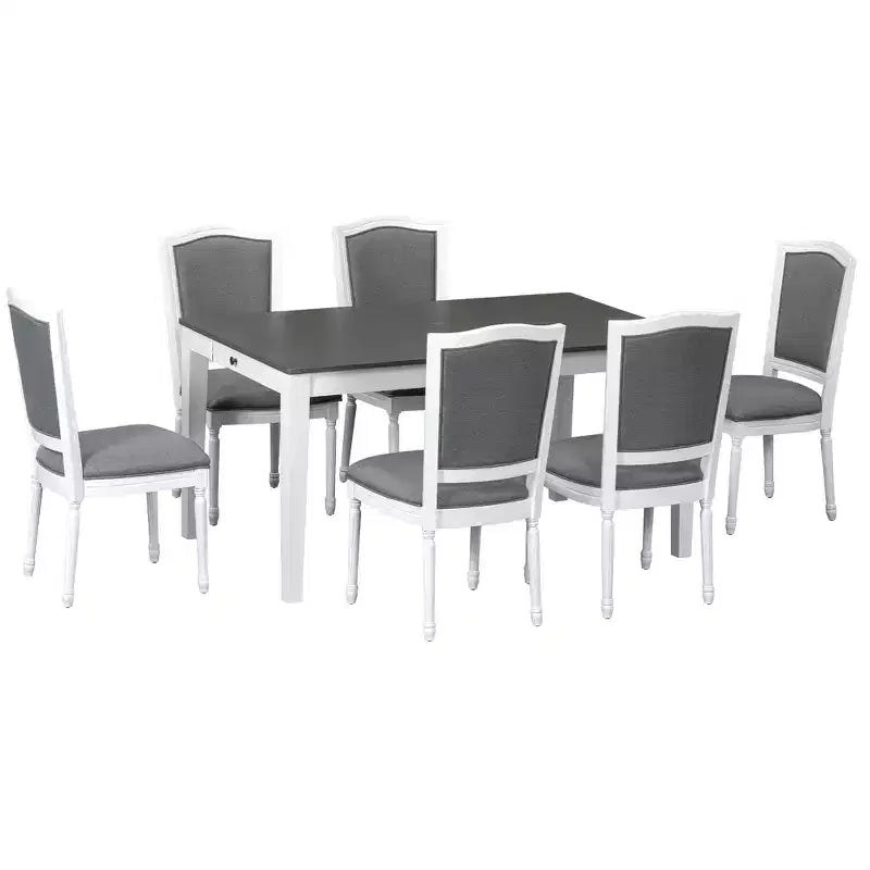 Ensemble de salle à manger rustique extensible pour 6 personnes, table à manger rectangulaire 7 pièces avec 6 chaises rembourrées, ensemble de table de cuisine avec 2 tiroirs