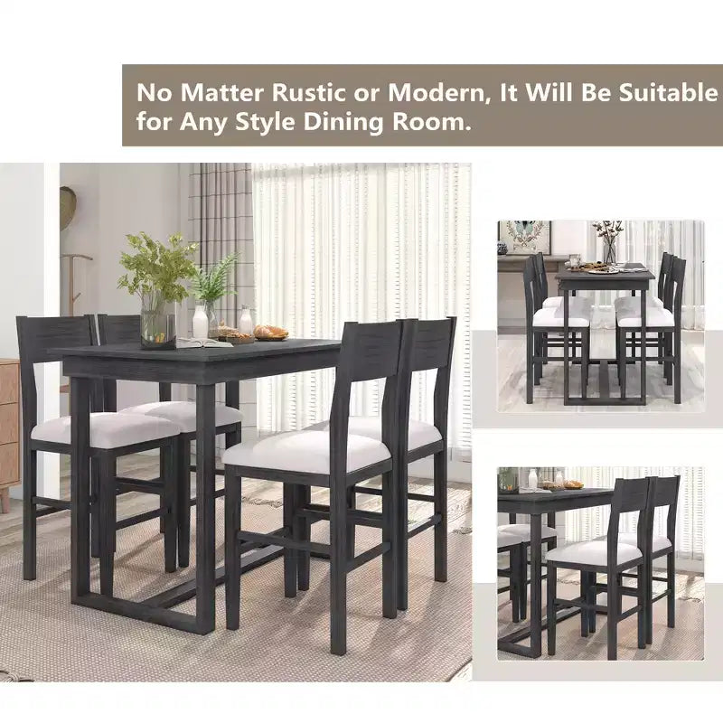 Ensemble de salle à manger 5 pièces à hauteur de comptoir pour 4 personnes, ensemble table de bar en bois de style ferme avec 4 chaises rembourrées pour petits espaces