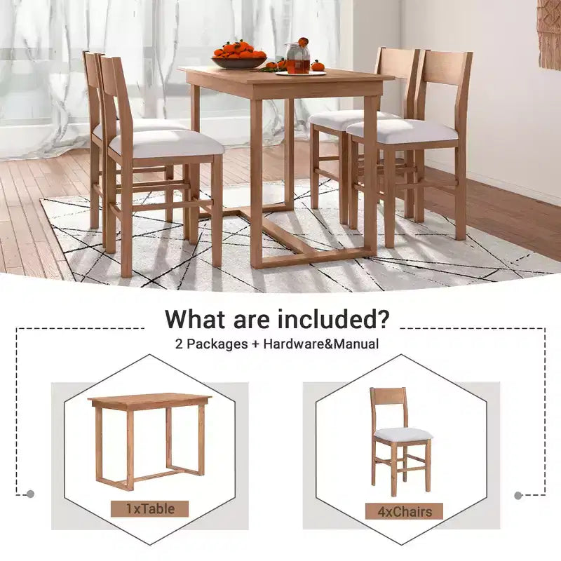 Ensemble de salle à manger 5 pièces à hauteur de comptoir pour 4 personnes, ensemble table de bar en bois de style ferme avec 4 chaises rembourrées pour petits espaces