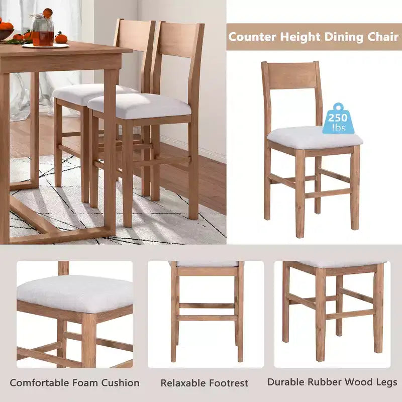 Ensemble de salle à manger 5 pièces à hauteur de comptoir pour 4 personnes, ensemble table de bar en bois de style ferme avec 4 chaises rembourrées pour petits espaces