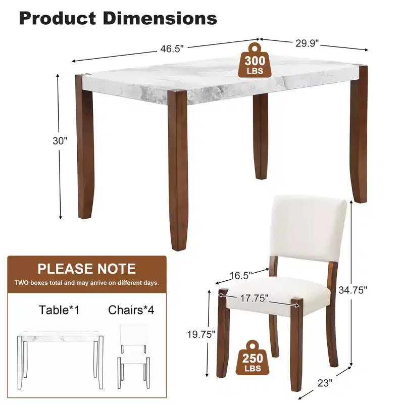 Ensemble de salle à manger en faux marbre pour 4 personnes, table à manger rectangulaire 5 pièces avec 4 chaises rembourrées pour petite cuisine