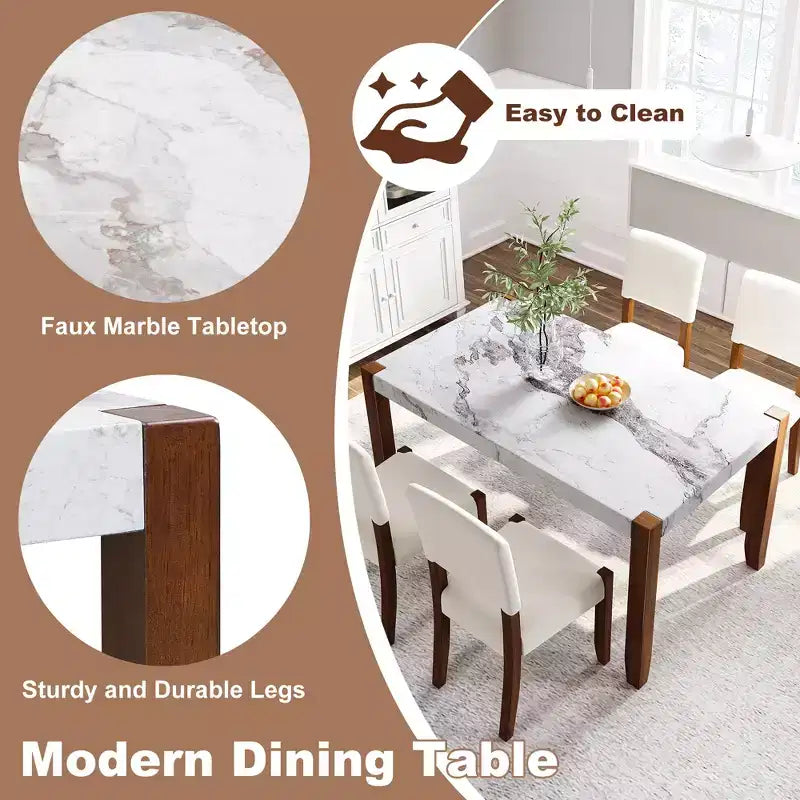 Ensemble de salle à manger en faux marbre pour 4 personnes, table à manger rectangulaire 5 pièces avec 4 chaises rembourrées pour petite cuisine