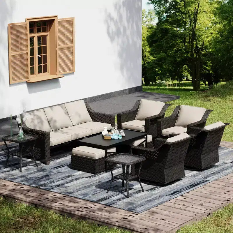 Collection d'extérieur Premium UPTIOT : Canapé 3 places, 4 fauteuils à bascule, tables doubles, paire d'ottomans et table à manger