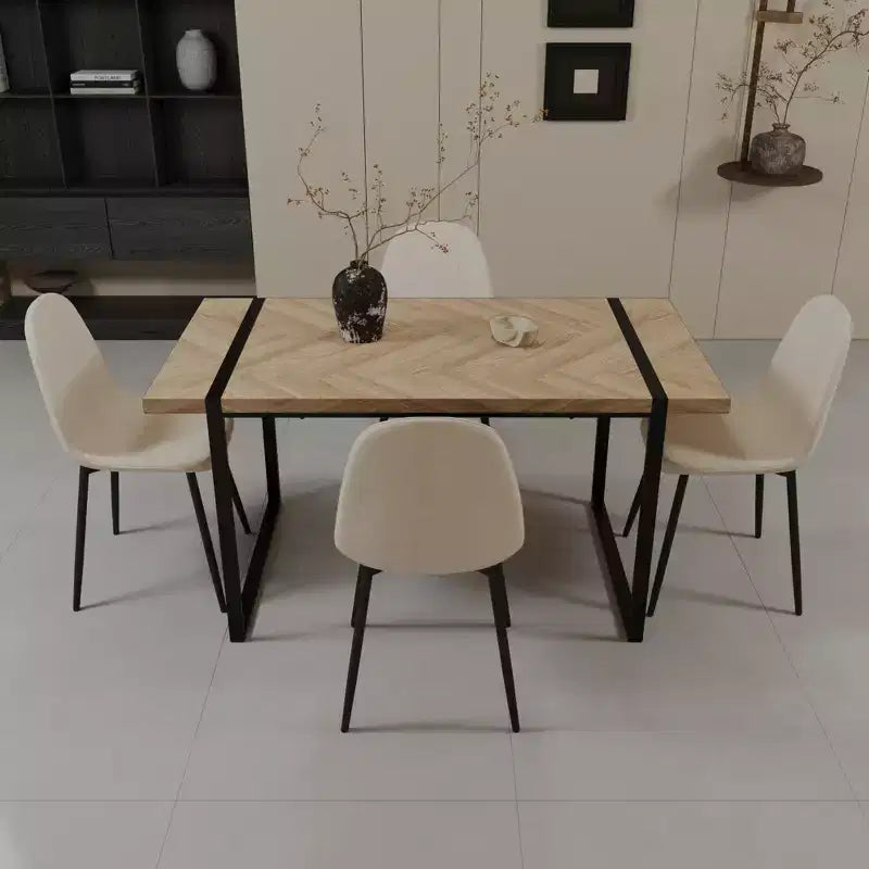 GDFStudio Kavya Modern 5 Piece Wood and Metal Dining Table Set with 4 Suede Leather Upholstered Chairs