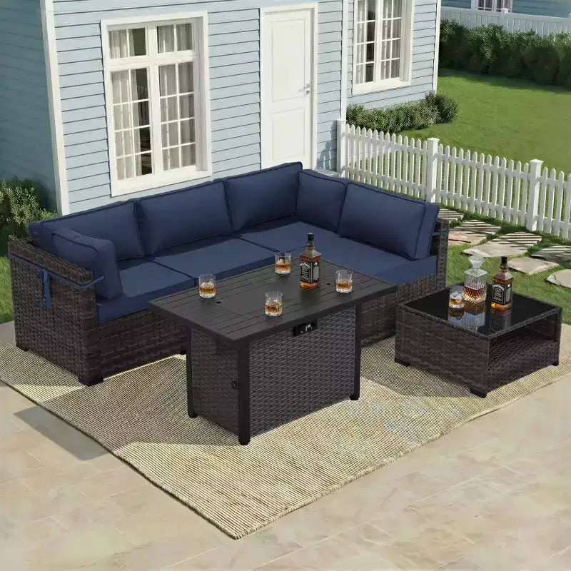Ensemble de patio 4 pièces UPTIOT : Canapé d'angle, table brasero grise et table basse en verre trempé pour une détente ultime en extérieur
