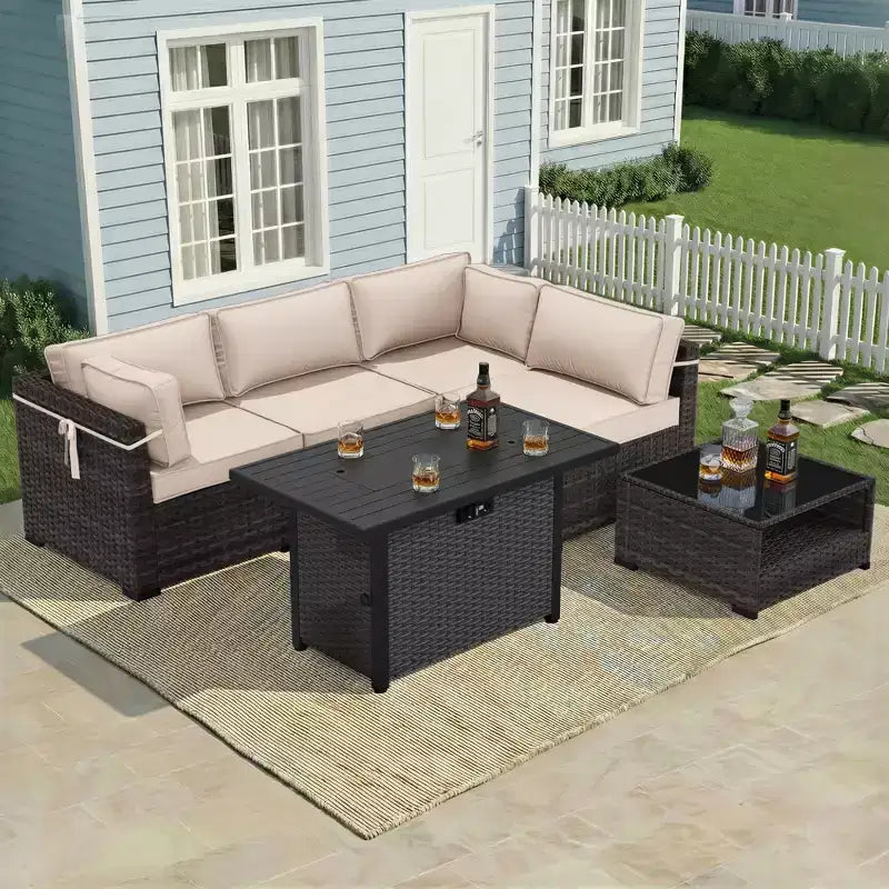 Ensemble de patio 4 pièces UPTIOT : Canapé d'angle, table brasero grise et table basse en verre trempé pour une détente ultime en extérieur