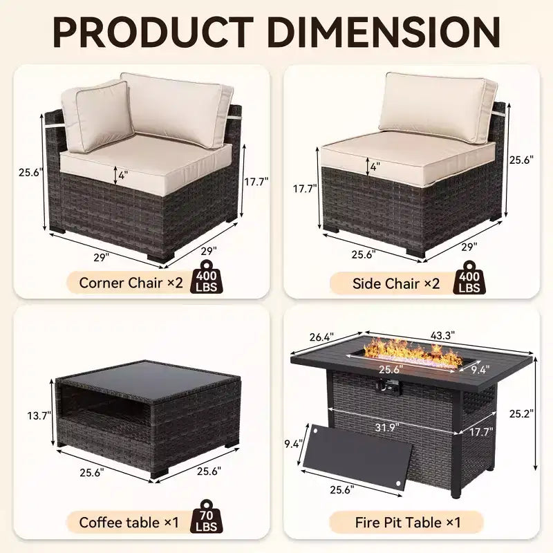Ensemble de patio 4 pièces UPTIOT : Canapé d'angle, table brasero grise et table basse en verre trempé pour une détente ultime en extérieur