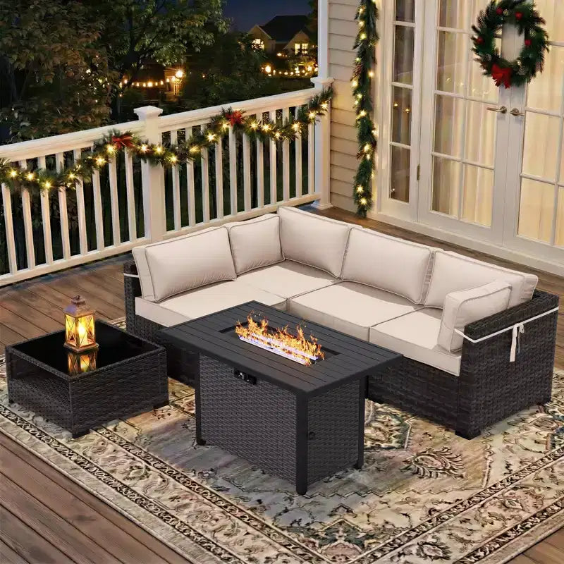 UPTIOT 4-Piece Patio Set: Corner Sofa, Grey Fire Pit Table & Tempered Glass Coffee Table for Ultimate Outdoor Relaxation