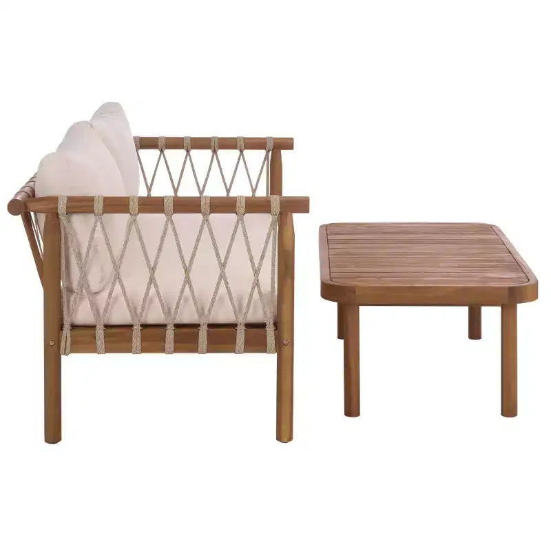 Ensemble patio banquette et table Sabrina - Intérieur/Extérieur - PAT6810 - Teck brun/Crème - Safavieh