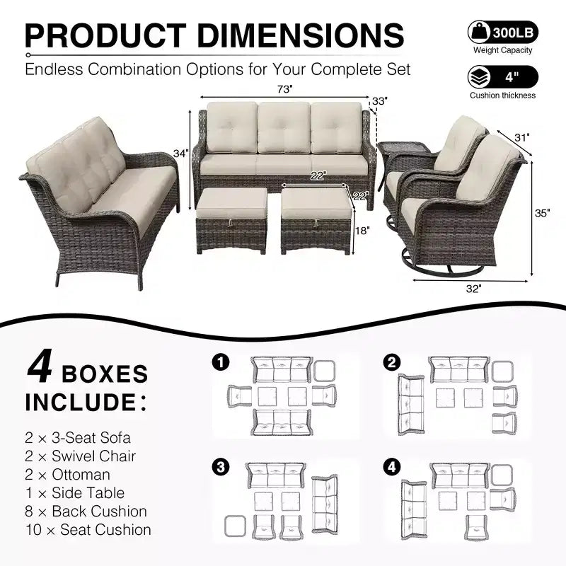 UPTIOT Salon de Jardin Extérieur Double Premium avec Fauteuils Pivotants et Ottomans Convertibles