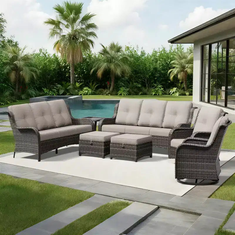 UPTIOT Salon de Jardin Extérieur Double Premium avec Fauteuils Pivotants et Ottomans Convertibles