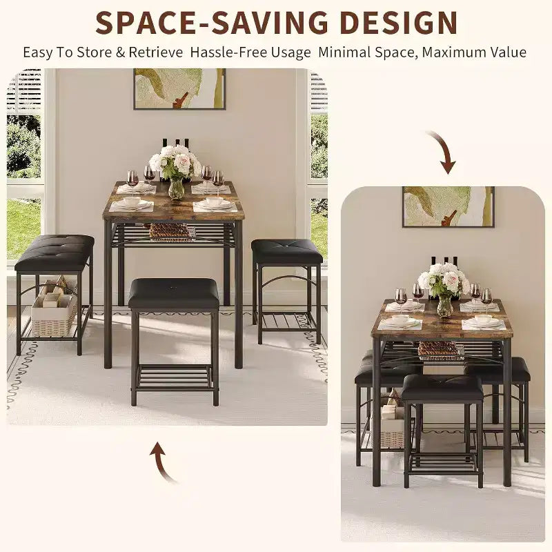 Ensemble Table à Manger pour 4 Personnes, Table de Cuisine avec Banc Rembourré et 2 Tabourets, Étagère de Rangement et Cadre Métallique pour Petit Espace