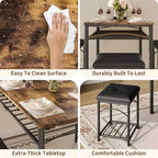 Ensemble Table à Manger pour 4 Personnes, Table de Cuisine avec Banc Rembourré et 2 Tabourets, Étagère de Rangement et Cadre Métallique pour Petit Espace