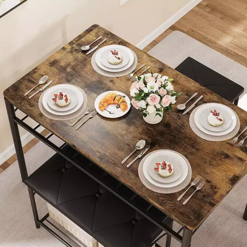 Ensemble Table à Manger pour 4 Personnes, Table de Cuisine avec Banc Rembourré et 2 Tabourets, Étagère de Rangement et Cadre Métallique pour Petit Espace