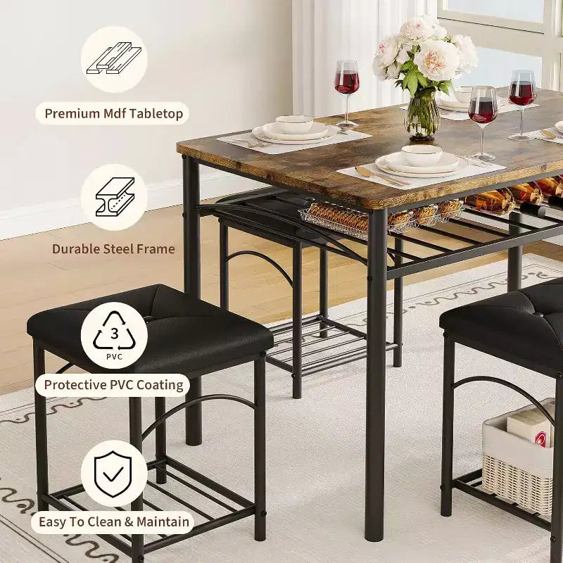 Ensemble Table à Manger pour 4 Personnes, Table de Cuisine avec Banc Rembourré et 2 Tabourets, Étagère de Rangement et Cadre Métallique pour Petit Espace