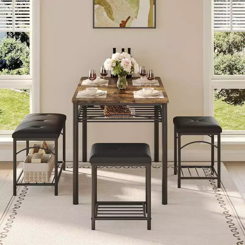 Ensemble Table à Manger pour 4 Personnes, Table de Cuisine avec Banc Rembourré et 2 Tabourets, Étagère de Rangement et Cadre Métallique pour Petit Espace