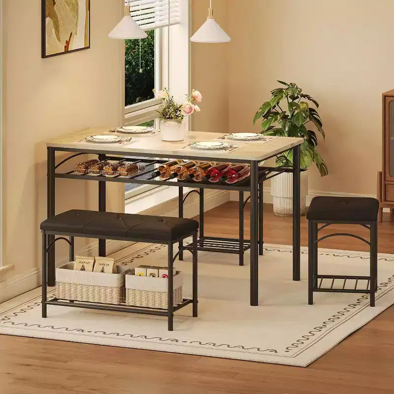 Ensemble Table à Manger pour 4 Personnes, Table de Cuisine avec Banc Rembourré et 2 Tabourets, Étagère de Rangement et Cadre Métallique pour Petit Espace