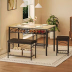 Ensemble Table à Manger pour 4 Personnes, Table de Cuisine avec Banc Rembourré et 2 Tabourets, Étagère de Rangement et Cadre Métallique pour Petit Espace