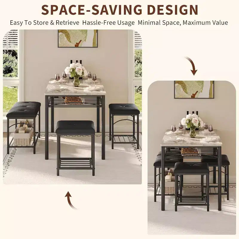 Ensemble Table à Manger pour 4 Personnes, Table de Cuisine avec Banc Rembourré et 2 Tabourets, Étagère de Rangement et Cadre Métallique pour Petit Espace