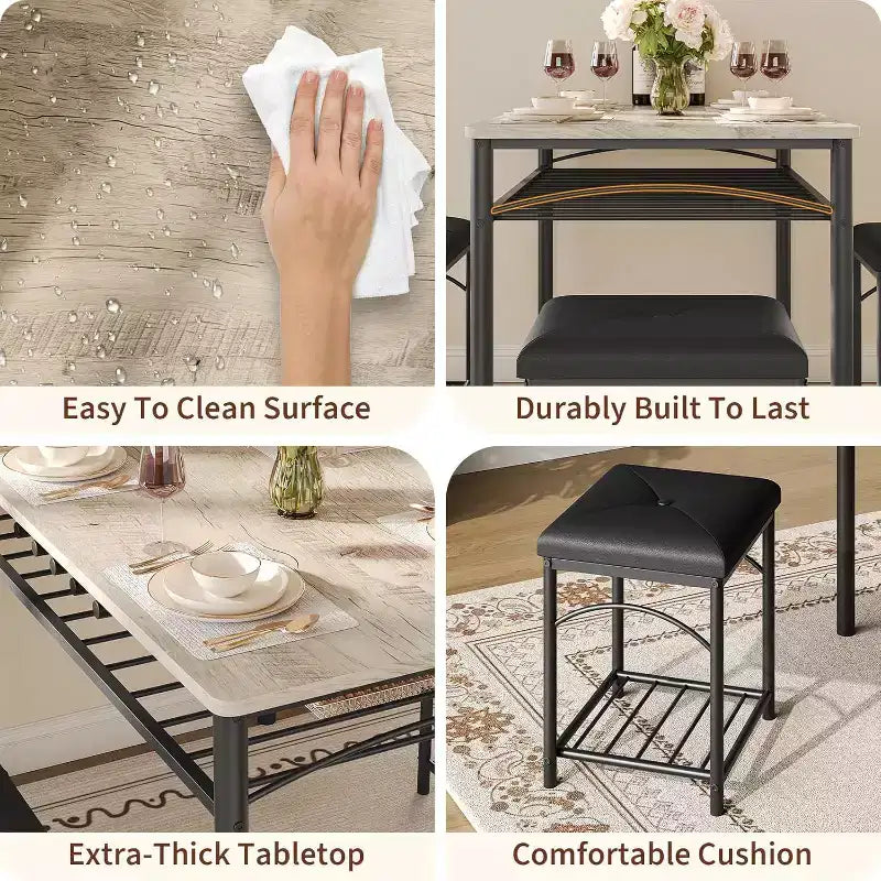 Ensemble Table à Manger pour 4 Personnes, Table de Cuisine avec Banc Rembourré et 2 Tabourets, Étagère de Rangement et Cadre Métallique pour Petit Espace