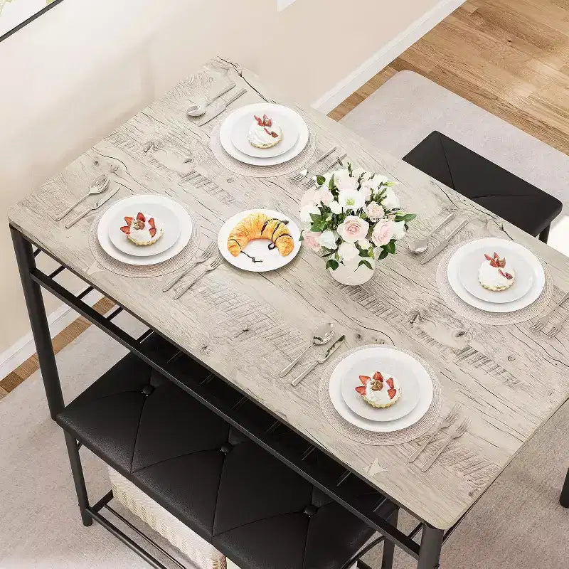 Ensemble Table à Manger pour 4 Personnes, Table de Cuisine avec Banc Rembourré et 2 Tabourets, Étagère de Rangement et Cadre Métallique pour Petit Espace