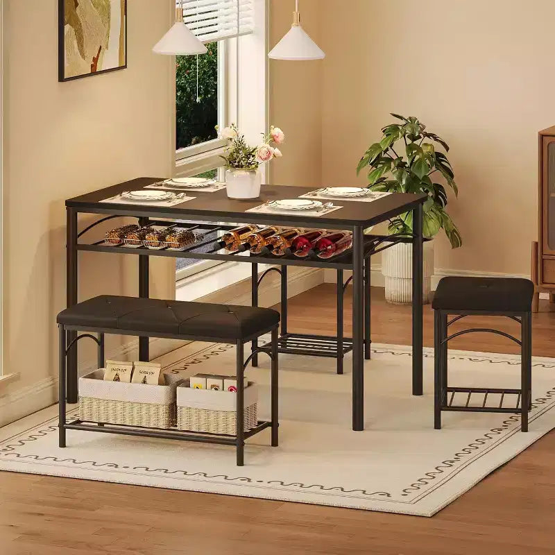 Ensemble Table à Manger pour 4 Personnes, Table de Cuisine avec Banc Rembourré et 2 Tabourets, Étagère de Rangement et Cadre Métallique pour Petit Espace