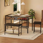 Ensemble Table à Manger pour 4 Personnes, Table de Cuisine avec Banc Rembourré et 2 Tabourets, Étagère de Rangement et Cadre Métallique pour Petit Espace