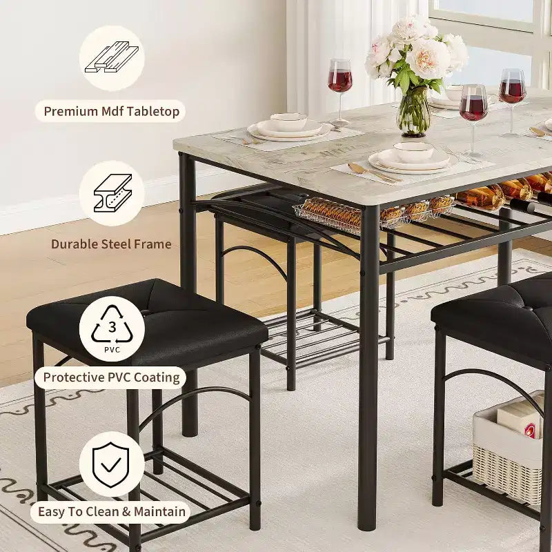 Ensemble Table à Manger pour 4 Personnes, Table de Cuisine avec Banc Rembourré et 2 Tabourets, Étagère de Rangement et Cadre Métallique pour Petit Espace