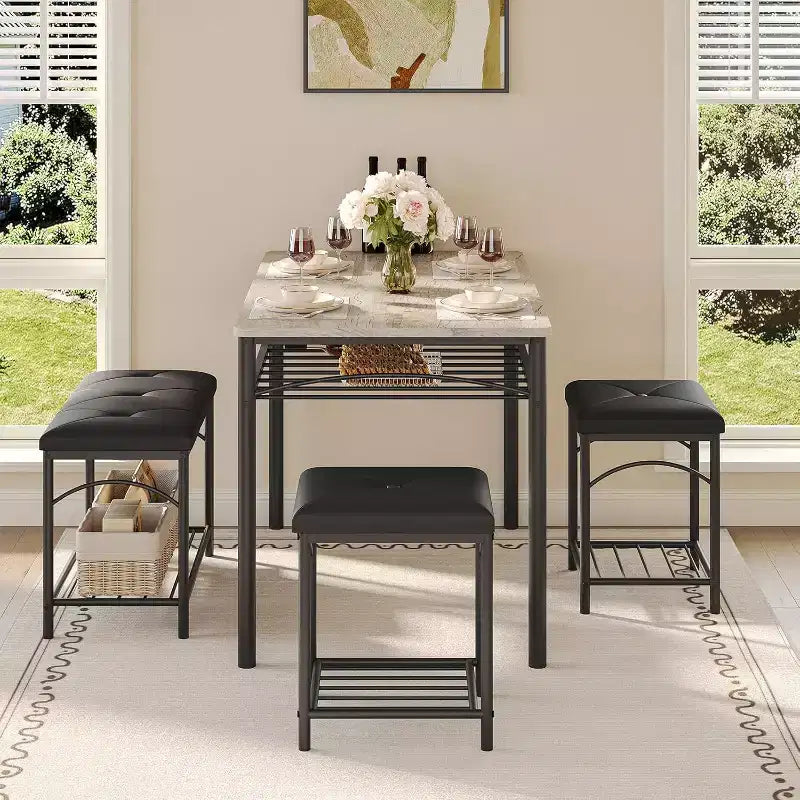 Ensemble Table à Manger pour 4 Personnes, Table de Cuisine avec Banc Rembourré et 2 Tabourets, Étagère de Rangement et Cadre Métallique pour Petit Espace