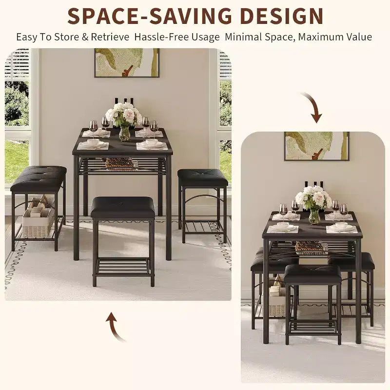 Ensemble Table à Manger pour 4 Personnes, Table de Cuisine avec Banc Rembourré et 2 Tabourets, Étagère de Rangement et Cadre Métallique pour Petit Espace