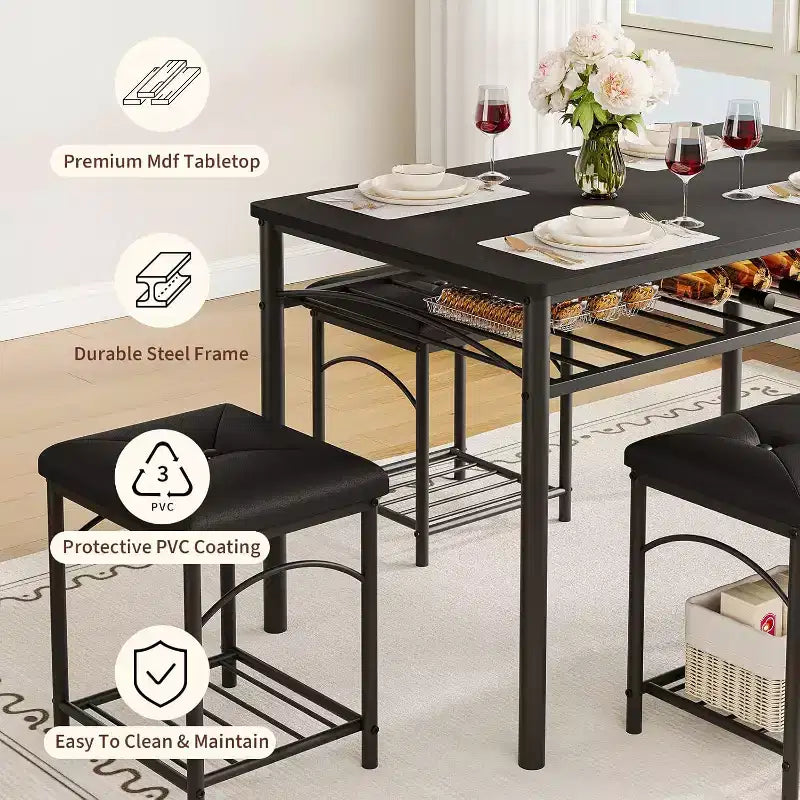 Ensemble Table à Manger pour 4 Personnes, Table de Cuisine avec Banc Rembourré et 2 Tabourets, Étagère de Rangement et Cadre Métallique pour Petit Espace