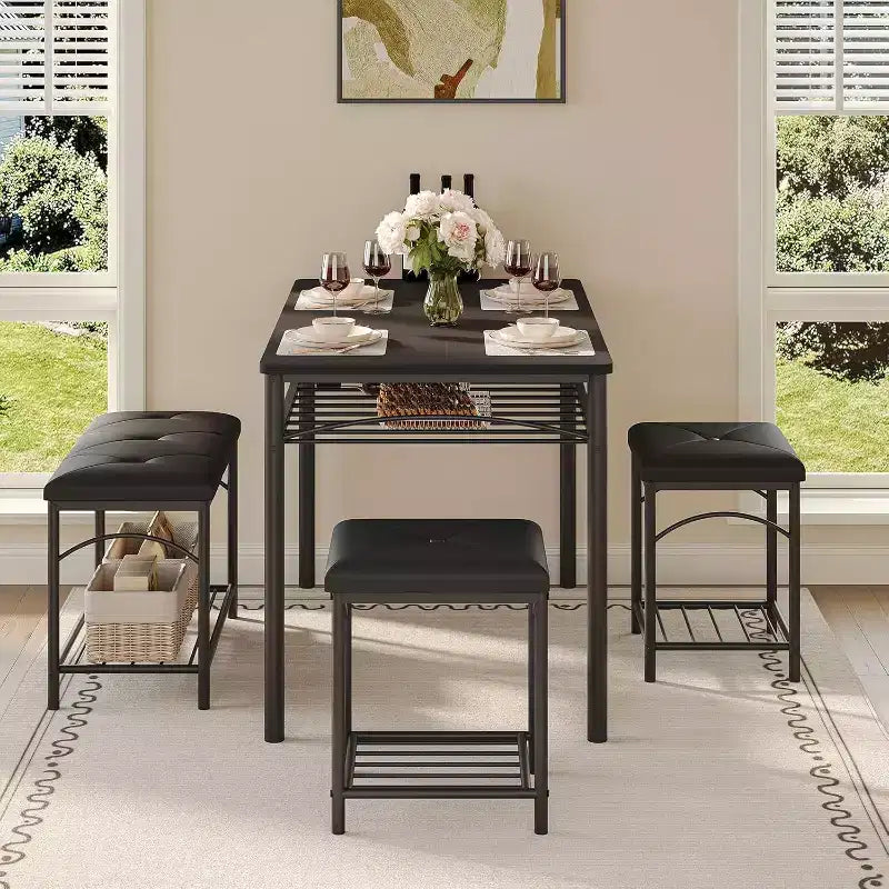 Ensemble Table à Manger pour 4 Personnes, Table de Cuisine avec Banc Rembourré et 2 Tabourets, Étagère de Rangement et Cadre Métallique pour Petit Espace