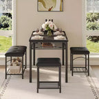 Ensemble Table à Manger pour 4 Personnes, Table de Cuisine avec Banc Rembourré et 2 Tabourets, Étagère de Rangement et Cadre Métallique pour Petit Espace