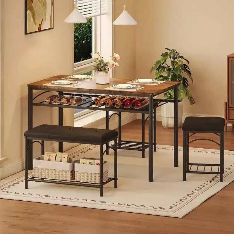 Ensemble Table à Manger pour 4 Personnes, Table de Cuisine avec Banc Rembourré et 2 Tabourets, Étagère de Rangement et Cadre Métallique pour Petit Espace