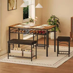 Ensemble Table à Manger pour 4 Personnes, Table de Cuisine avec Banc Rembourré et 2 Tabourets, Étagère de Rangement et Cadre Métallique pour Petit Espace