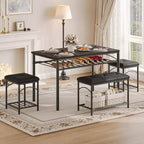 Dining Table Set for 4, Kitchen Table with Upholstered Bench and 2 Stools, with Storage Rack & Metal Frame for Small Space