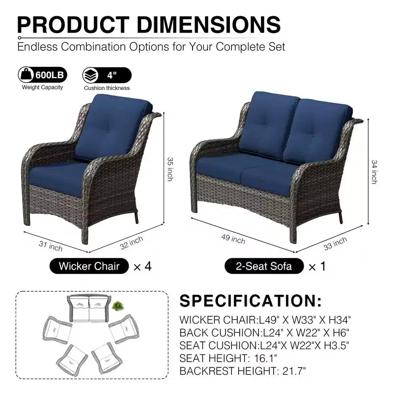Ensemble canapé 2 places et 4 chaises en osier d'extérieur UPTIOT avec coussins tout temps