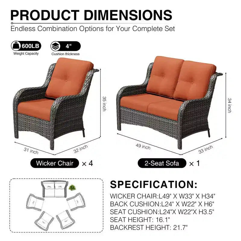 Ensemble canapé 2 places et 4 chaises en osier d'extérieur UPTIOT avec coussins tout temps