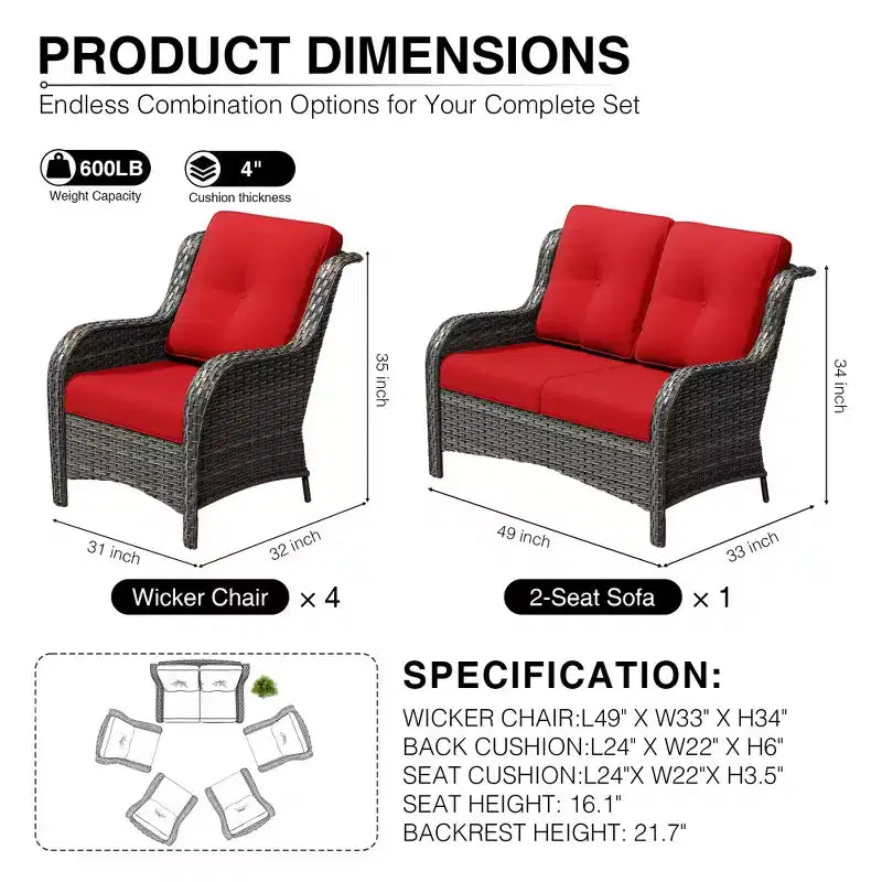 Ensemble canapé 2 places et 4 chaises en osier d'extérieur UPTIOT avec coussins tout temps