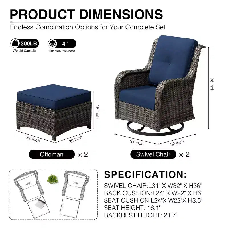 Ensemble de chaises pivotantes et repose-pieds d'extérieur UPTIOT : 2 chaises pivotantes + 2 repose-pieds multifonctionnels