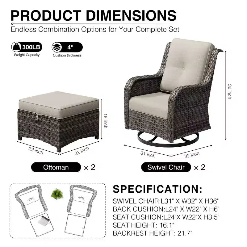Ensemble de chaises pivotantes et repose-pieds d'extérieur UPTIOT : 2 chaises pivotantes + 2 repose-pieds multifonctionnels