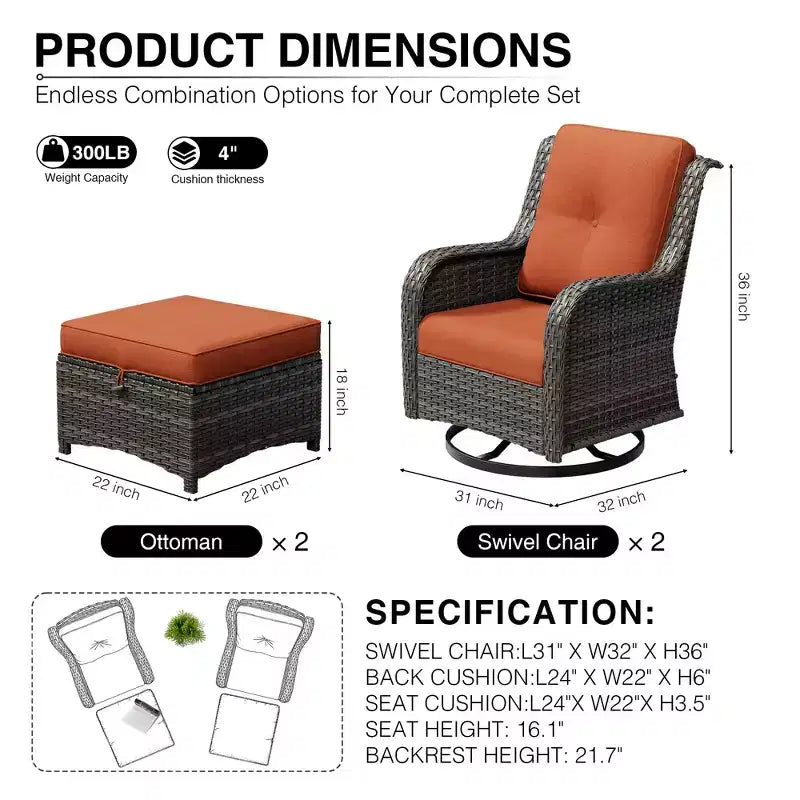 Ensemble de chaises pivotantes et repose-pieds d'extérieur UPTIOT : 2 chaises pivotantes + 2 repose-pieds multifonctionnels