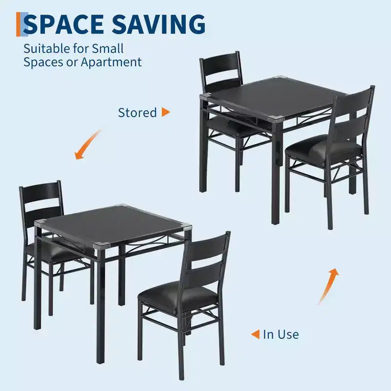 Ensemble table à manger avec chaises rembourrées, mobilier de cuisine compact et peu encombrant avec protections d'angle pour appartement, noir, 2+1