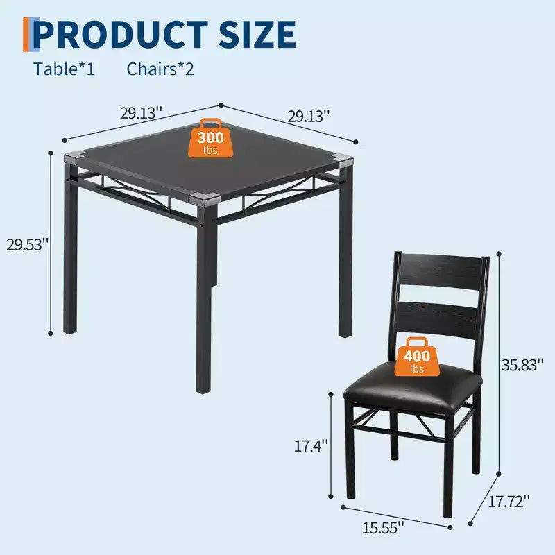 Ensemble table à manger avec chaises rembourrées, mobilier de cuisine compact et peu encombrant avec protections d'angle pour appartement, noir, 2+1