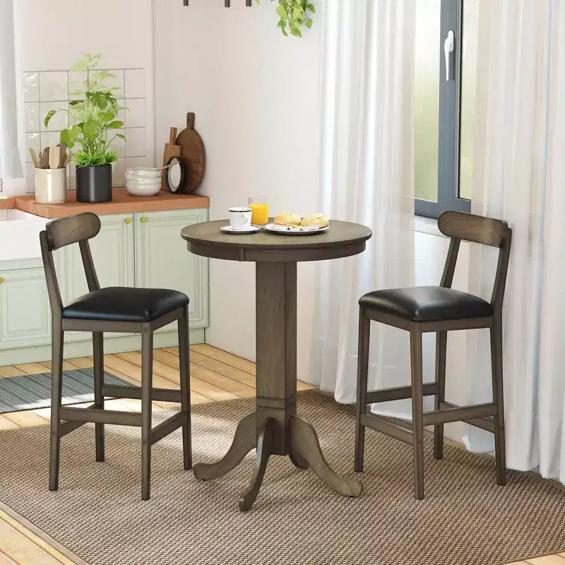 Costway 3 PCS Wood Bar Table Set with Pedestal Base, 2 Armless Stools, Padded Seat, Backrest