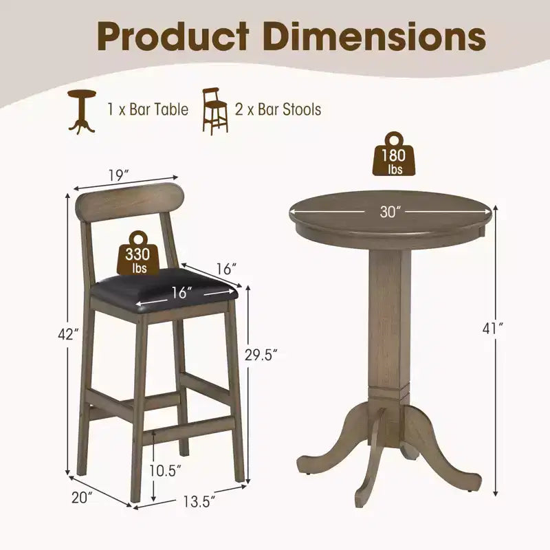 Costway Ensemble de Table de Bar 3 Pièces en Bois avec Base Colonne, 2 Tabourets sans Accoudoirs, Siège Rembourré, Dossier