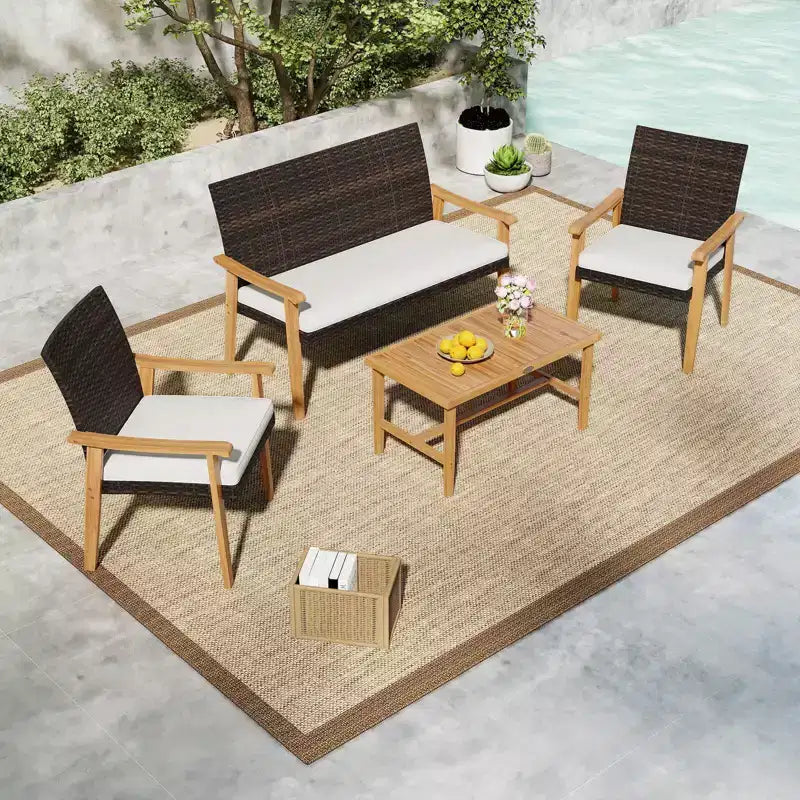 Costway Salon de Jardin 4 Pièces avec Table Basse en Bois d'Acacia et Coussins Moelleux pour Jardin