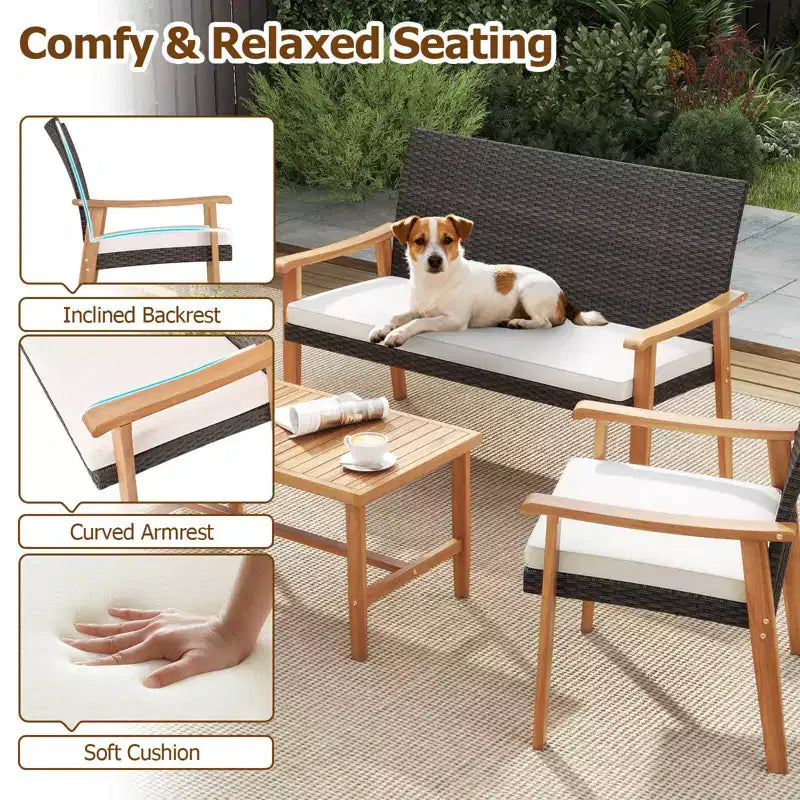 Costway Salon de Jardin 4 Pièces avec Table Basse en Bois d'Acacia et Coussins Moelleux pour Jardin