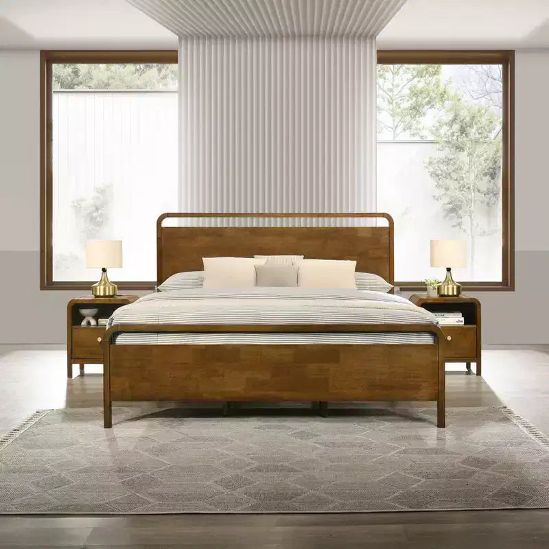 Ensemble de chambre à coucher en bois Eldren de Roundhill Furniture, lit plateforme avec deux tables de chevet, finition noyer